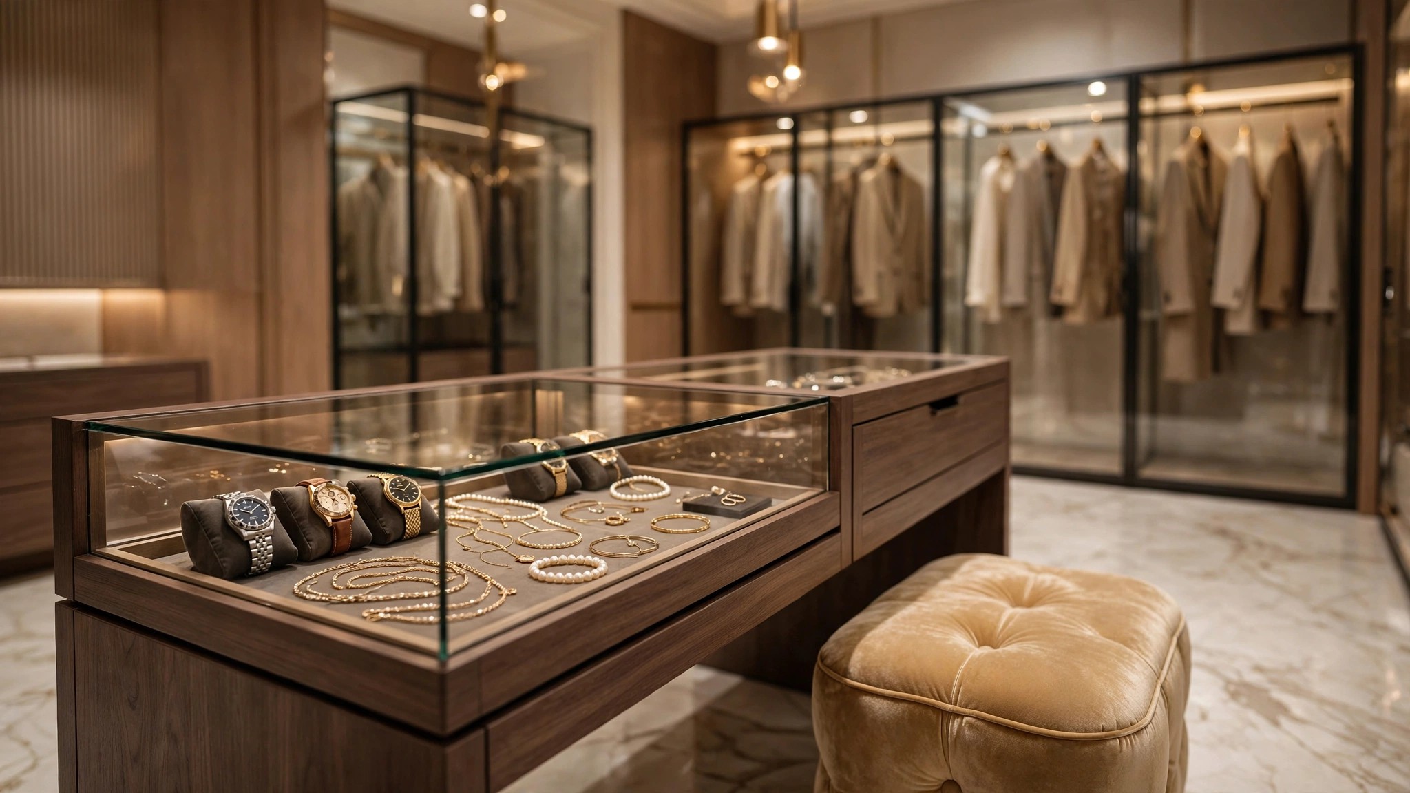 Center island with glass-top jewelry drawers and a velvet ottoman in a luxury walk-in closet