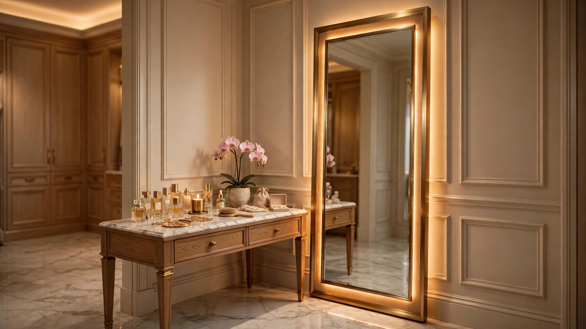 Full-length brass-framed mirror with flattering light in a luxury walk-in closet dressing corner