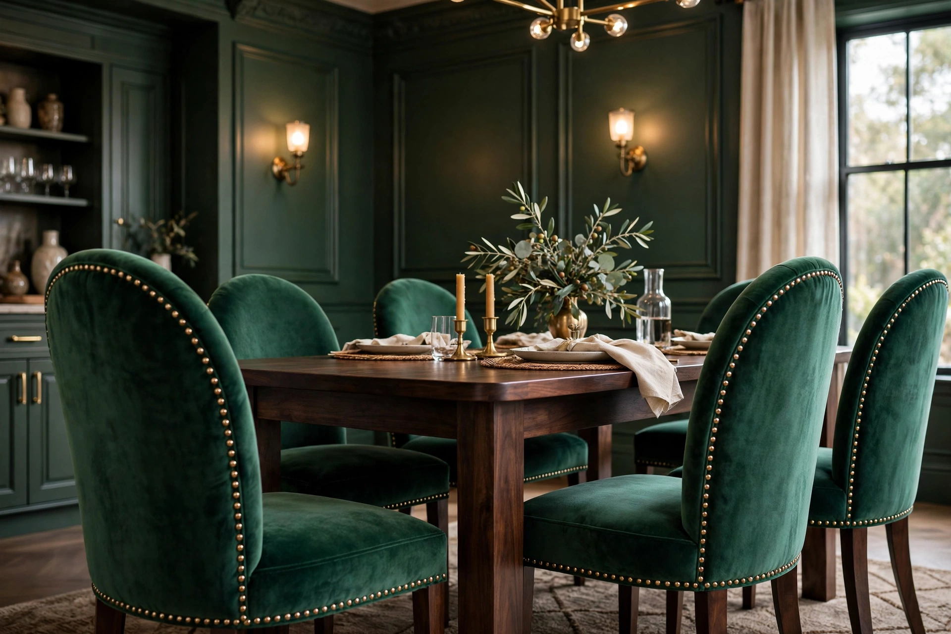 Emerald velvet upholstered dining chairs — luxury dining room decor ideas for comfortable seating