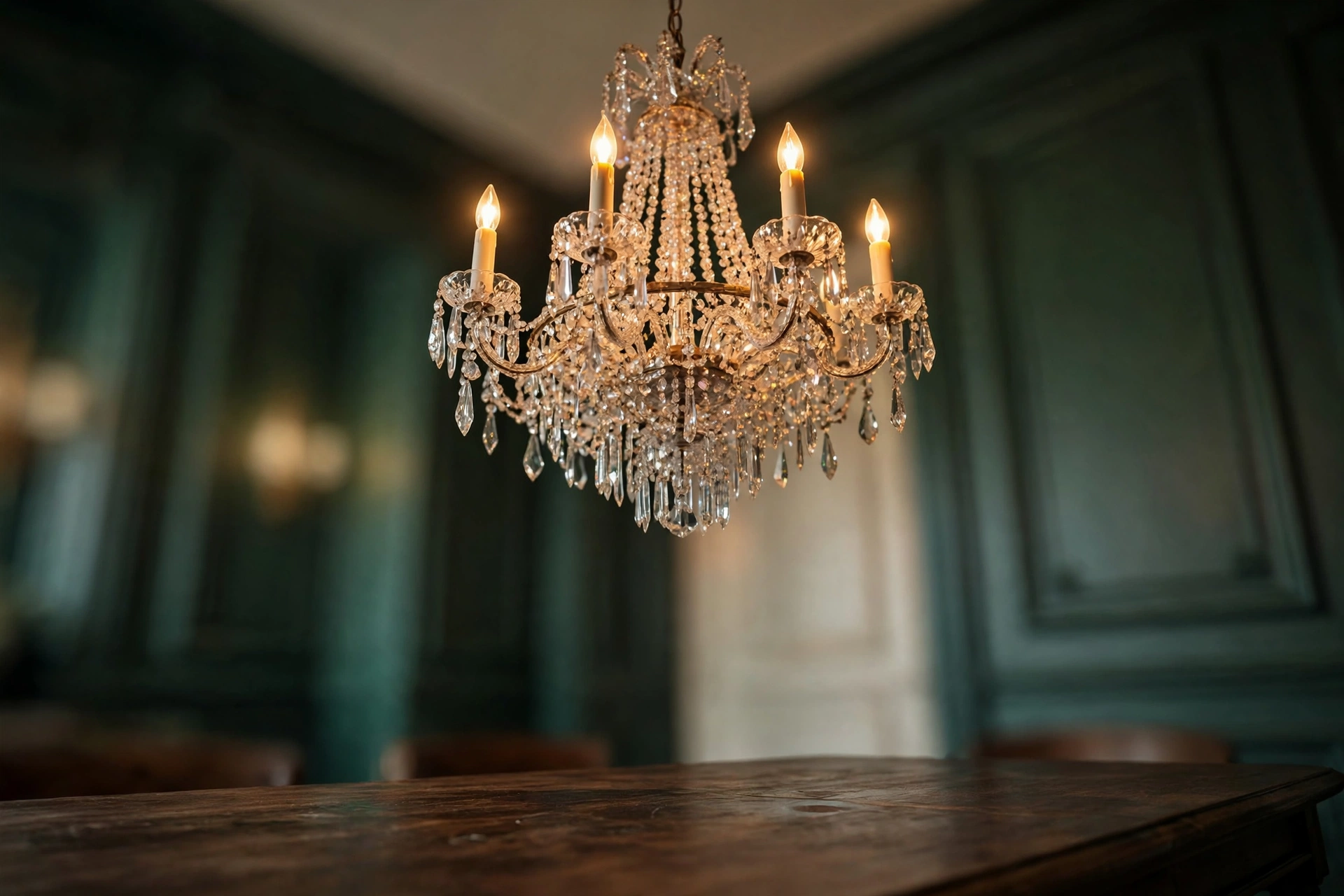 Luxury dining room decor ideas: a crystal chandelier glowing above a dark wood dining table