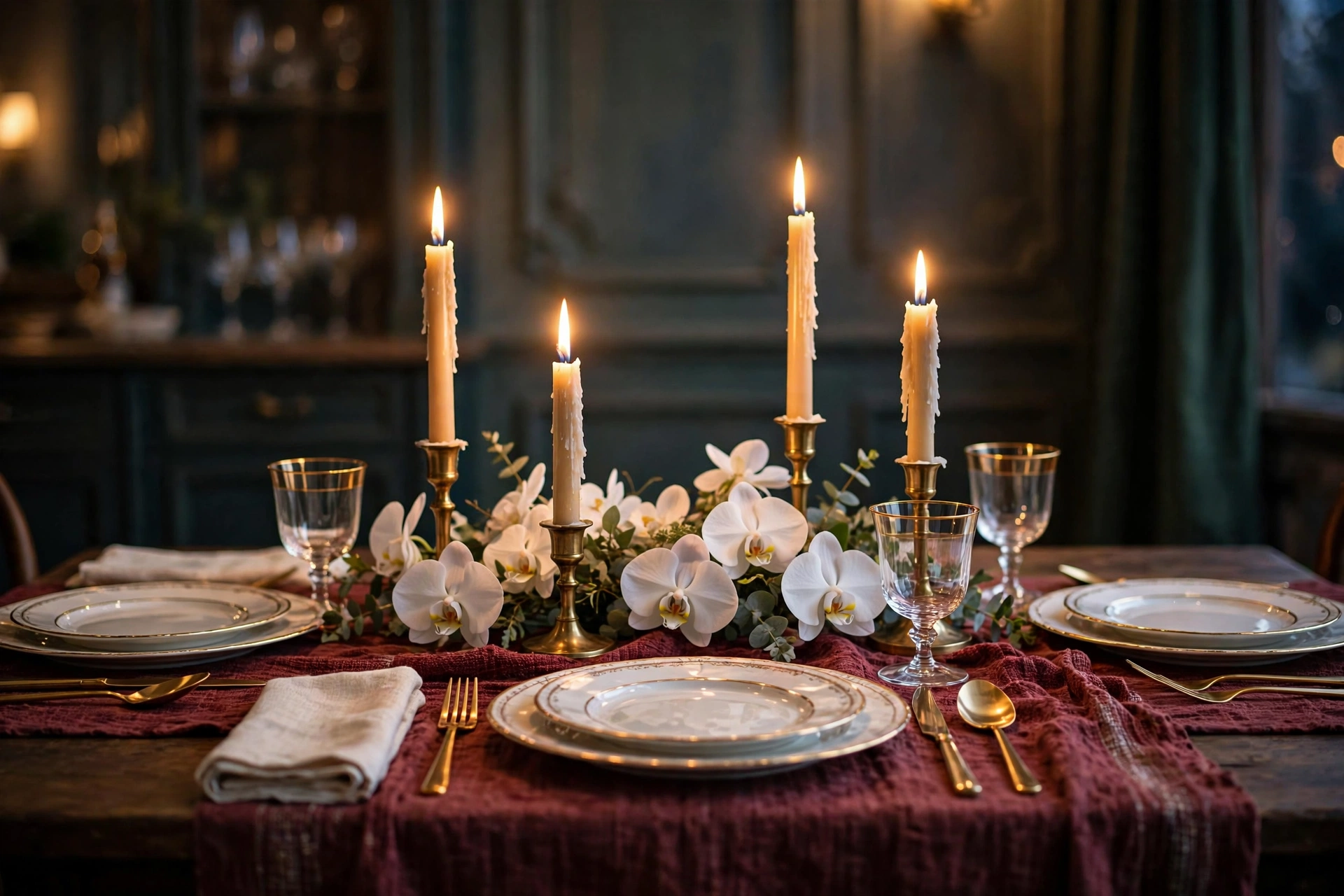 Candlelit tablescape with taper candles and orchids — a classic among luxury dining room decor ideas