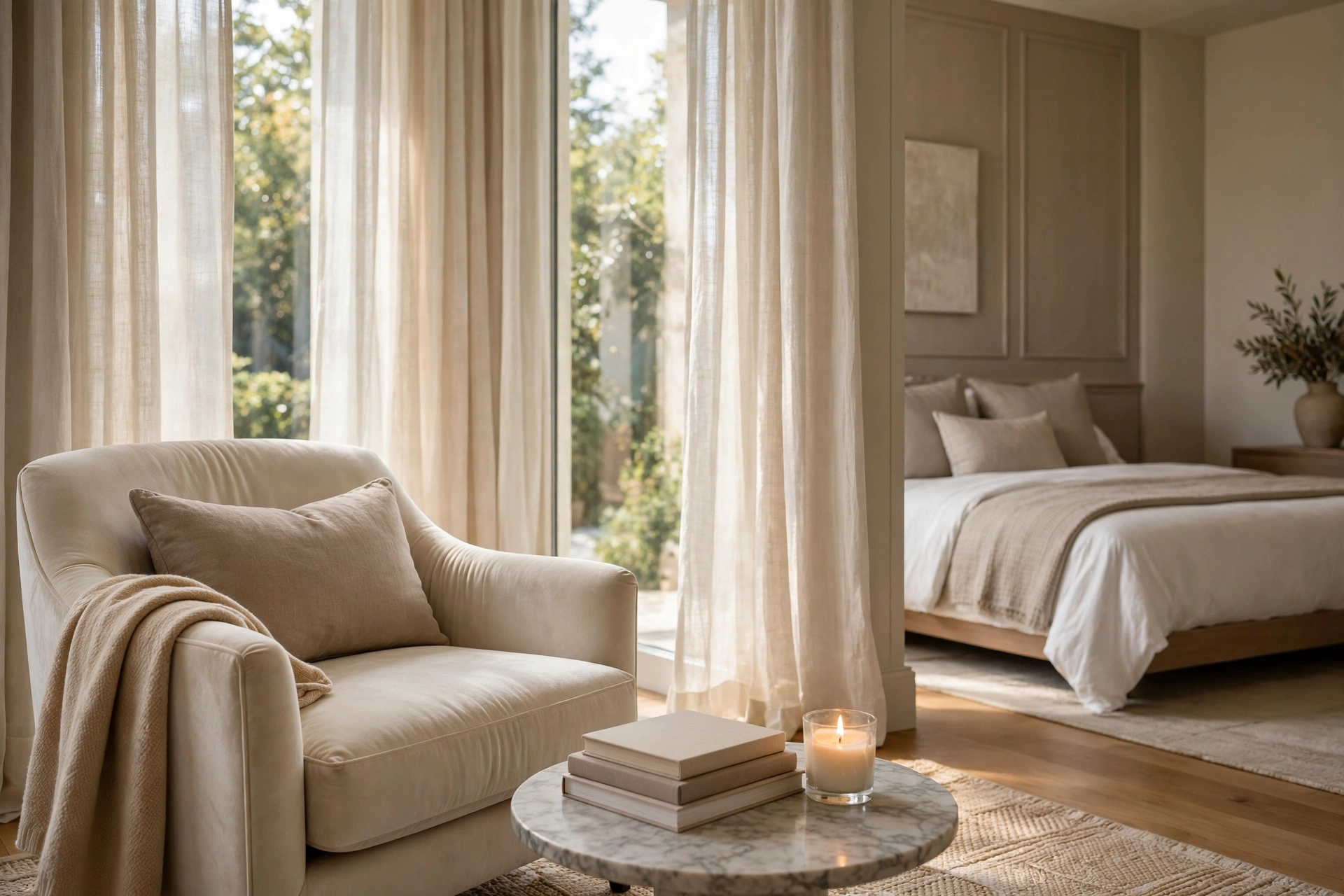 Luxury bedroom decor ideas for a quiet reading corner with velvet armchair and marble side table